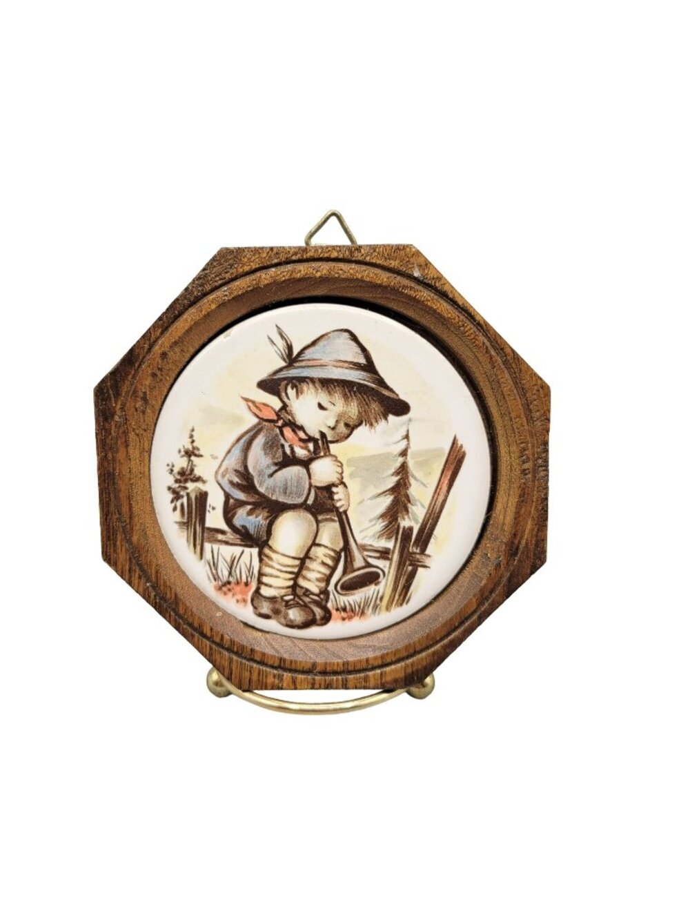 Hummel Boy on Fence Blowing Horn Frame Tile Wall Hanging German Boy